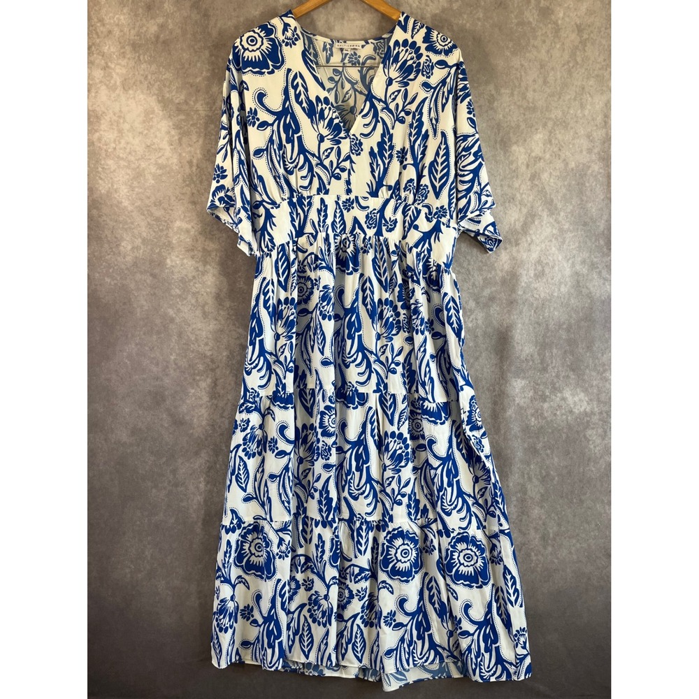 Baltic Born Maxi Dress Women 1XL Blue Floral Damask V-Neck Tiered Short Sleeve